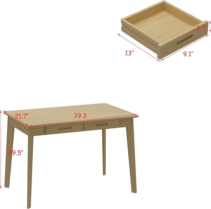 39.4 Inch Computer Desk with 2 Drawers Modern Home Office Desk Study Writing Gaming Work Table with Large Legroom Light Brown