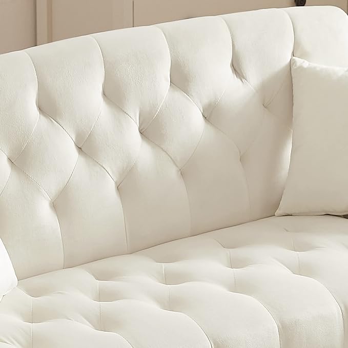 Velvet Tufted Small Loveseat Sofa Modern 2 Seater Accent Sofa Couch with Gold Metal Legs and 2 Pillows for Living Room (Cream White)