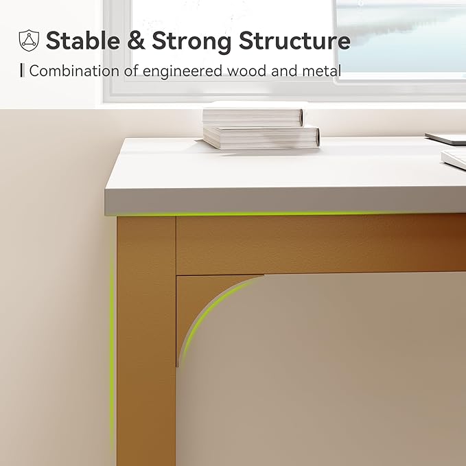 LITTLE TREE 78.7-Inch Ultra Long Two-Person Desk Writing Gaming Work Computer Double Desk for Home Office White + Gold