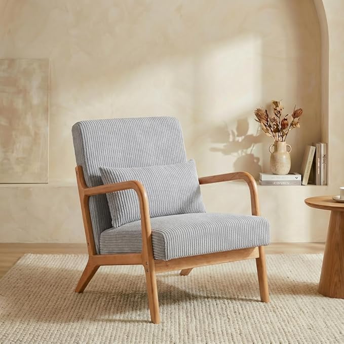 Corduroy Upholstered Mid Century Modern Accent Chair with Wide Armrests and Pillow Comfy Reading Armchair for Living Room Bedroom Guest Room (Light Grey+Light Oak Finish Frame)