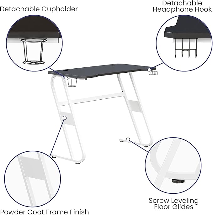 Flash Furniture Fisher Gaming Desk - White Ergonomic Computer Desk - 51.5 Gamers Table with Cup Holder and Headphone Hook