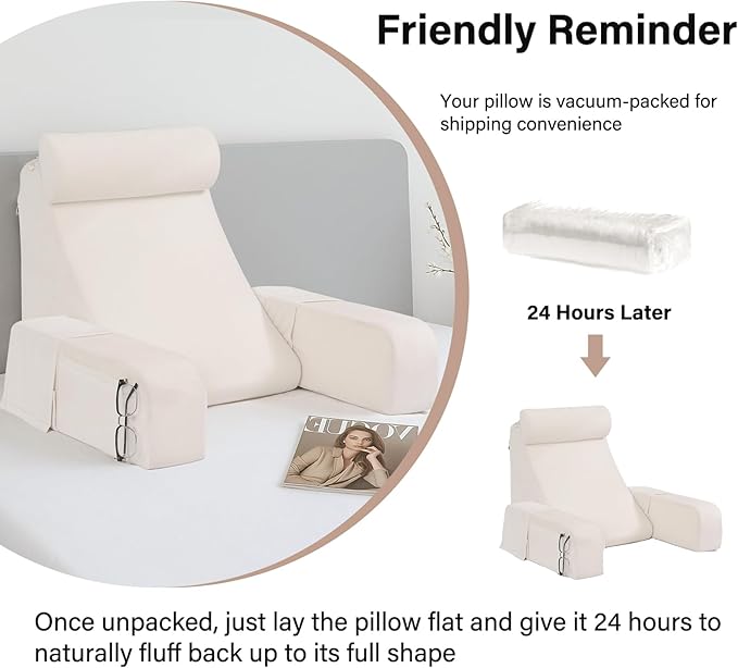 ENITYA 19 Back Pillow for Bed Sitting up Big Pockets and Washable Removable Cover Reading Chair for Watching TV/Reading/Gaming/Resting in Bed Couch or Floor Medium(Ivory)