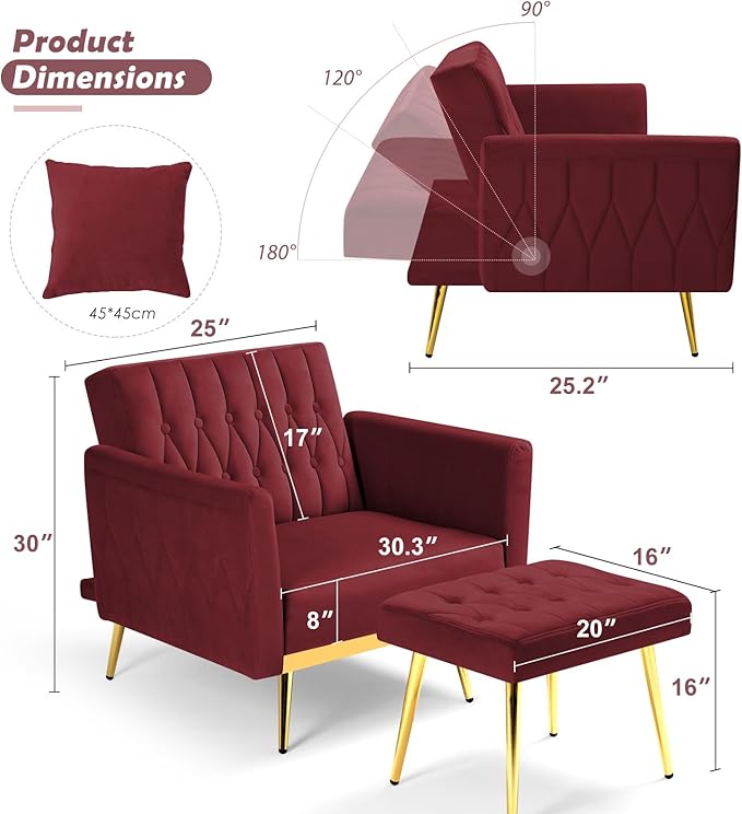 Velvet Accent Chair with Adjustable Backrest and Armrests Single Recliner Armchair with Ottoman and Golden Mental Legs for Living Room Bedroom and Waiting Room Red