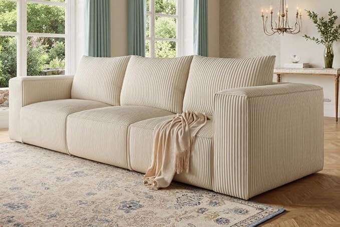 DWVO Oversized Deep Modular Sectional Sofa 3-Seat Cloud Couch with 3 Pillows Corduroy Sectional Couches for Living Room Apartment Office Hotel Bedroom No Assembly Needed Milky White
