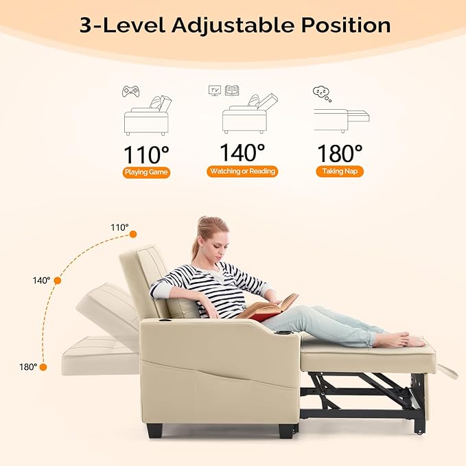 VINGLI Beige Sleeper Chair Bed 3-in-1 Convertible Futon Sofa Bed Pull Out Couch Bed Adjustable Recliner Chair with USB Ports Cup Holders Side Pockets for Living Room Bedroom Small Spaces