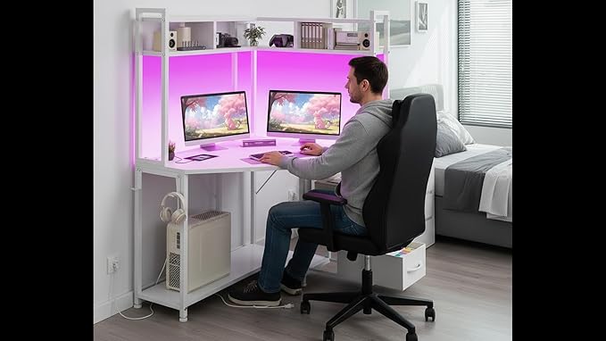 Corner Desk 35.4 W x 63 H White Office Desk and Small Gaming Desk with Hutch &amp LED Lights Computer Desk with Drawers for Storage &amp Shelves and Hook for Small Space White