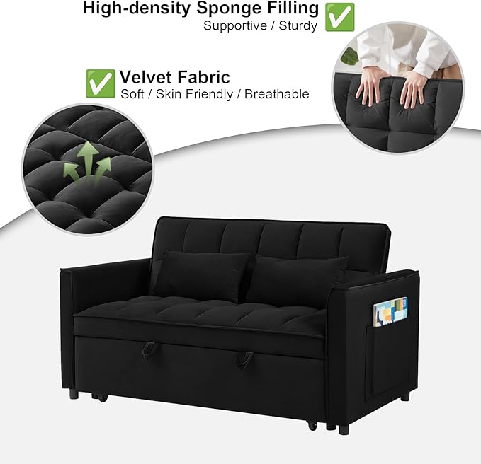 3 in 1 Convertible Sofa Bed Pull Out Couch with Adjustable Backrest Velvet Sleeper Sofa Loveseat with Pillows and Side Pockets for Living Room Bedroom Apartment Black