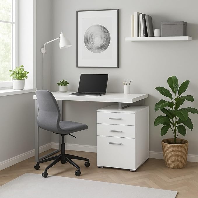 CARTESIAN Modern Reversible Computer Desk with 3 Drawers 47.25W x 23.5D x 30H inches White and Silver Metal Frame File Cabinet Storage