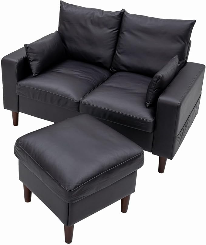 Panana Convertible Sectional Sofa CouchL-Shaped 2 or 3-Seat Sofa Sectional with Reversible Ottoman for Small Living Room Apartment (Black Leather Look Fabric 2 Seater with Ottoman - Track arms)
