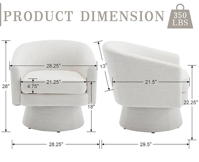 Linen Swivel Accent Chairs Set of 2 Beige Barrel Arm Chair Round Cozy Upholstered Reading Chair Modern Comfy Fabric Single Sofa Chair for Living Room/Bedroom