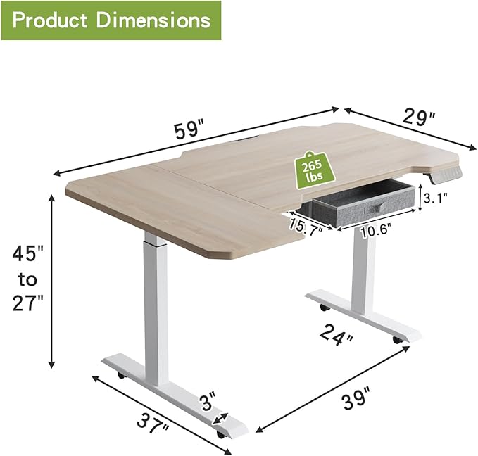 Radlove Dual Motors Height Adjustable 59'' L Shape Electric Standing Desk with Drawer Stand Up Table 4 Memory Keys Computer Desk with Splice Board Home Office Desk Oak Top + White Frame