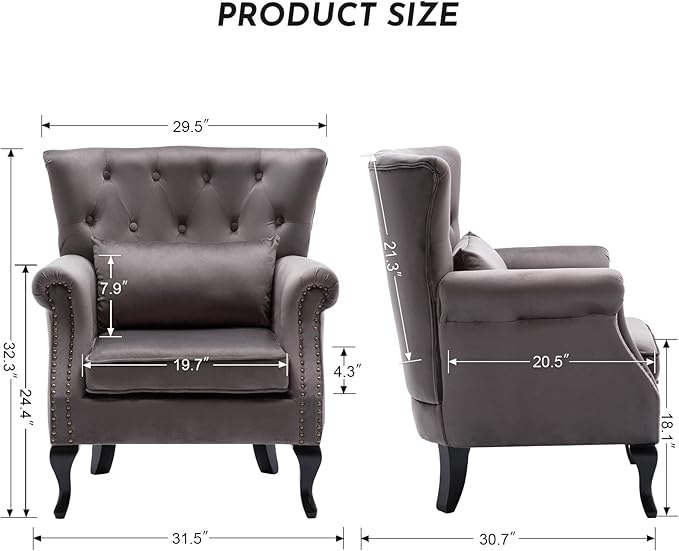 Accent Reading Arm Chairs Set of 2 for Living Room Bedroom Midcentury Modern Comfy Corner Sofa Chair Wingback Waiting Room Club Chair with Button Tufted Back &ampLumbar Pillow Velvet Grey