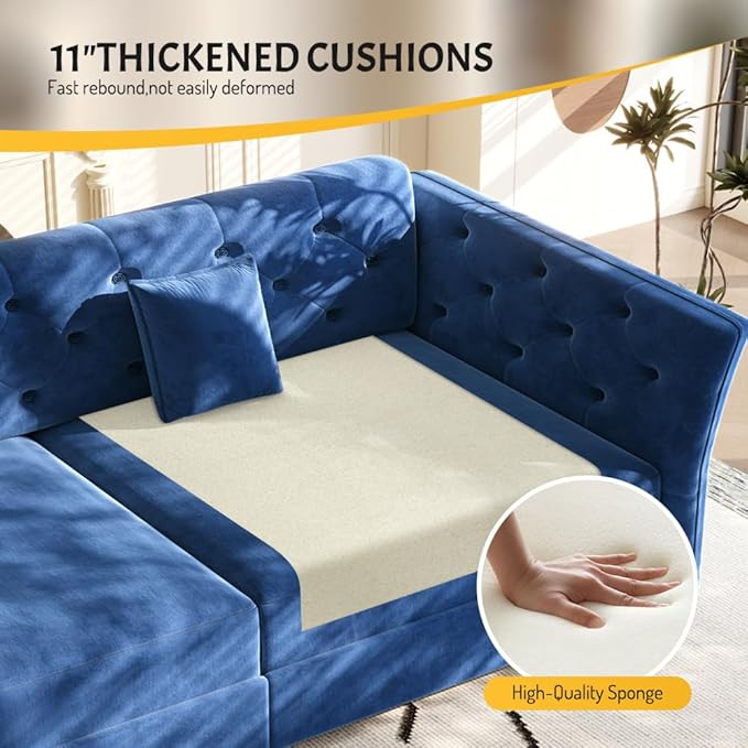 74.4 Queen Size Sleeper Sofa Bed 3-in-1 Convertible Pull Out Chesterfield Sleeper Couch Oversized Velvet Flower Button Tufted Loveseat Sofa for Living Room Small Spaces Blue