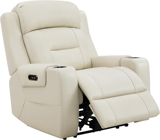 Watson &amp Whitely Genuine Leather Power Recliner Chairs for Adults Lay Flat Recliner with Power Headrest USB Ports and Cup Holders Electric Reclining Sofa for Living Room Bedroom Cream