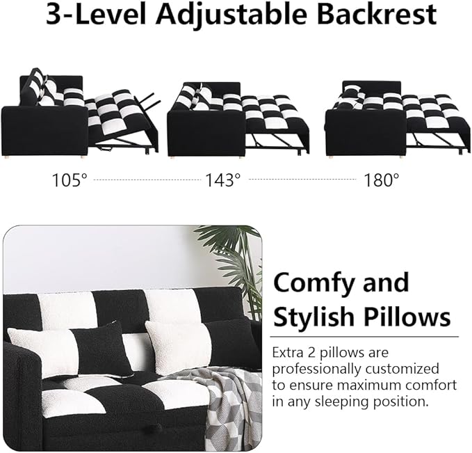 Loveseat Sleeper Sofa- Convertible Sofa Bed3 in 1 Pull Out Couch with Adjustable BackrestMulti-Functiona Lounge Chair with Teddy Fabric for Living RoomSmall Space (Black White)