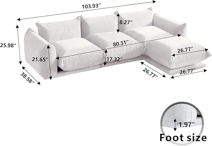 WJShome L-Shaped Sectional SofaChenille Minimalist Modular Sofas Couches3Seater+1 Ottoman Sectionals Couch with Wide Reversible Chaise for Living Room Bedroom Office Apartment