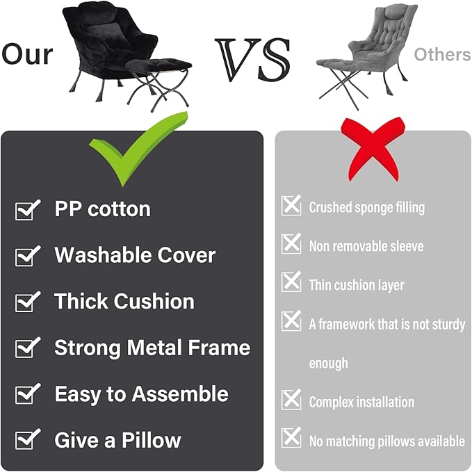 Lazy Chair with Ottoman Large Black Accent Chair with Ottoman and FA Throw Pillow Comfy Plush Reading Chair for Living Room Bedroom Dorm Room Office Apartment Relaxing Use