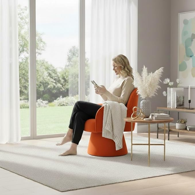Swivel Chair with Armrest Modern Velvet Barrel Chairs with Curve Back Soft Cushion Comfy Accent Round Armchair Single Sofa for Living Room Bedroom Orange