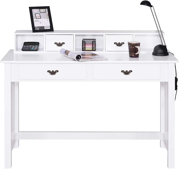 Giantex Writing Desk with 4 Drawer Computer Study Table Removable Floating Organizer 2-Tier Spacious Workstation Home Office Desk Console Table White Vanity Desk