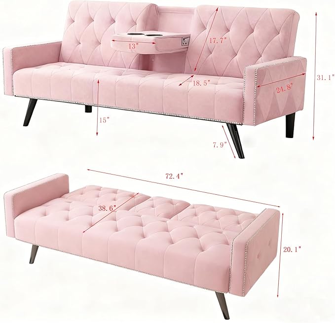 72 Pink Velvet Futon Sofa Bed - 2 Cup Holders 3-Position Convertible Pink Couch for Living Room Small Spaces with Nailhead Trim