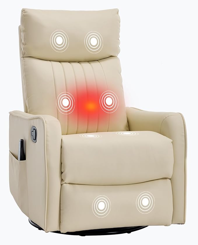 PELUMY 360 Swivel Rocking Recliner Chair for Adults Nursery Rocking Chair with Heat and Massage Glider Reclining Chair for Small Space Living Room Bedroom (Breathable Leather Creamy Beige)