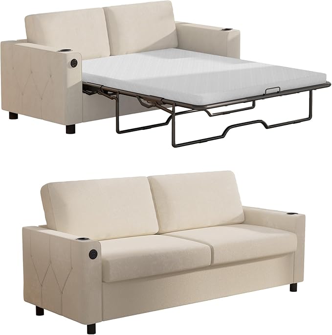 BALUS Pull Out Sofa Bed Full Size Sleeper Sofa Couch with USB Ports 2-in-1 Convertible Pullout Couchs with 2 Cup Holders &amp Memory Foam Mattress for Living Room Guest Room ApartmentWhite