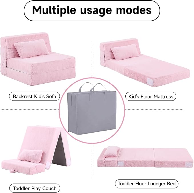 Tiita Convertible Folding Kids Sofa Bed with Pillow &amp Storage Bag Plush Fabric Floor Mattress Couch Bed Washable Cover Kids Room Playroom Dorm Apartment Pink