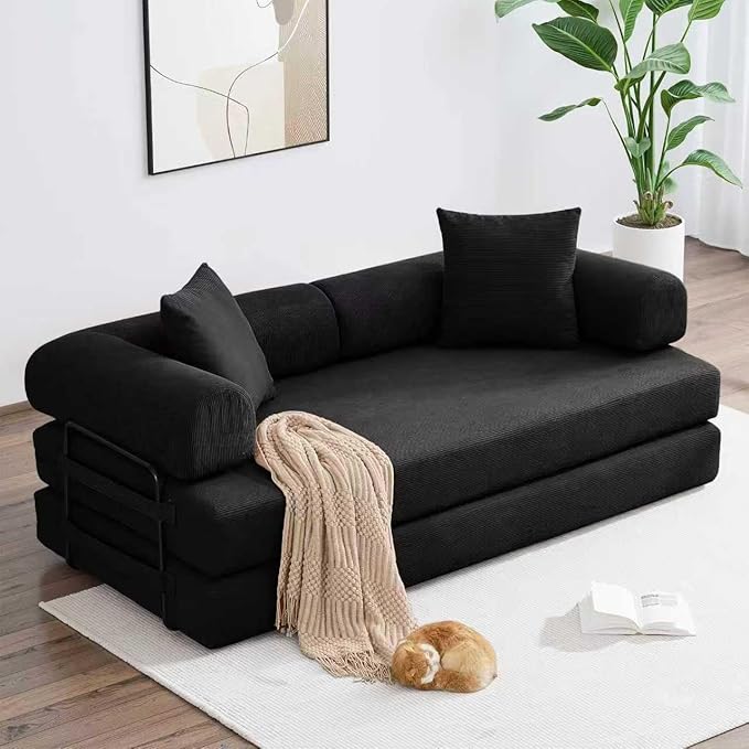 79 Inch Convertible Sleeper Sofa Bed 5 in-1 Boneless Floor Couch Bed with Fixed-Shape Frame Modular Floor Sofa Futon Couch for Living Room RV Studio Bedroom Small Spaces Black