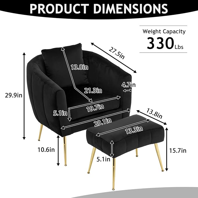 Karl home Velvet Accent Chair Set Barrel Chair with Ottoman Modern Club Chair Reading Armchair with Lumbar Pillow for Living Room Bedroom Study Room Home Office Black