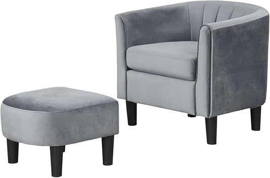 GOFLAME Accent Chair with Ottoman Modern Velvet Fabric Barrel Chair with Footrest Curved Backrest Removable Seat Cushion Upholstered Club Tub Sofa Reading Armchair for Living Room Bedroom Gray