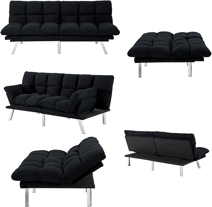 Black Modern Corduroy Convertible Folding Futon Couch Sofa BedArmless Cloud Double Loveseat Sofa Adjustable Backrest for Compact Living Dorm Game Studio Apartment Bedroom
