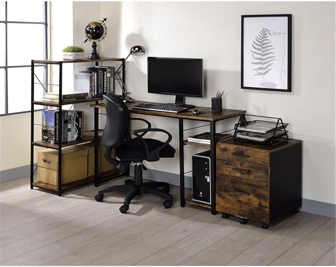 Bowery Hill Wooden Top Writing Desk 47W x 19D x 28H Weathered Oak and Black Finish Particle Board and Metal 2 Open Shelves Reverse V-Shaped Support Rustic Industrial Style Home Office Desk