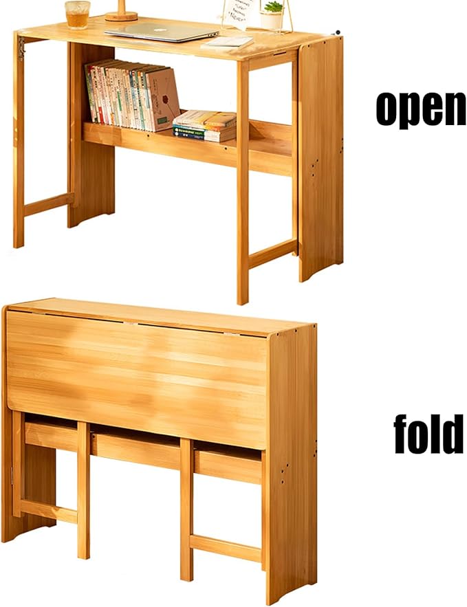 Modern Folding Desk Small Computer Table Writing Desk Laptop Desk Vanity Table Bamboo Workstation with Bookshelf for Home Office