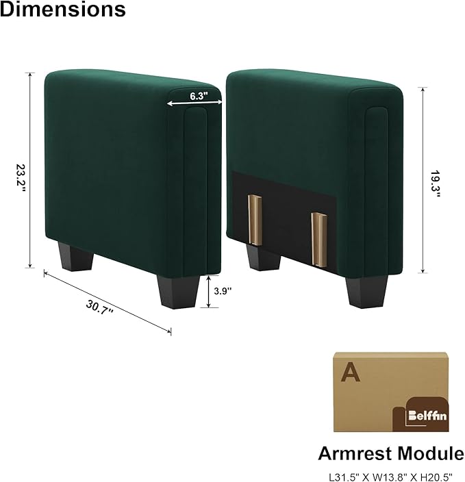 Belffin Velvet Armrest Module for Modular Sectional Sofa Couch Side Armrest for Sectional Modular Couch Green