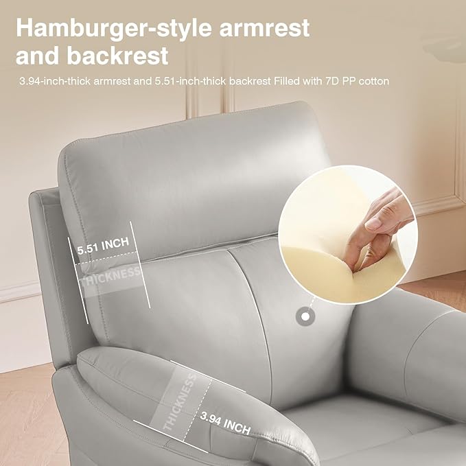 AIRSKY Genuine Leather Recliner Chair Top Grain Leather Italian Water-Washing Process Living Room Chair with Lumbar Supportfor Theater Seating Bedroom GreyR1