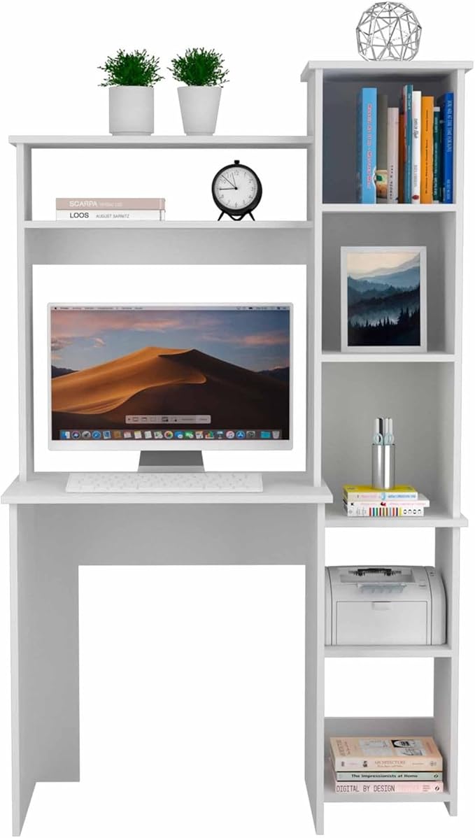 Penau Nashville Writing Desk with Six Shelves Contemporary Style Computer Desk White Finish Ample Storage Space for Home Office