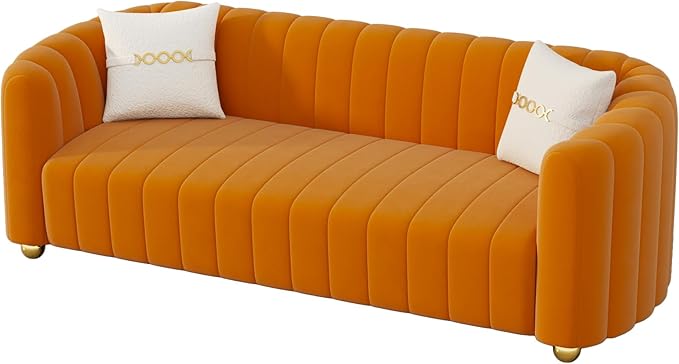 KEAI 83.46 Velvet Couch for Living Room Large Modern Sofa with Gold Metal Sphere Legs Office Upholstered Comfy 3 Seater Couches Cute Sherpa Bedroom Furniture (Orange)