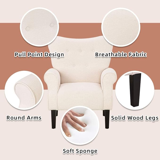 YOLENY Modern Accent ChairHigh Back ArmchairUpholstered Fabric Button Single Sofa with Wooden Legs for Living RoomBedroomClubBeige