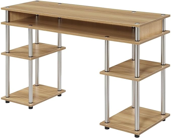 Convenience Concepts Designs2Go No Tools Desk Home Office Desk with Shelves Corner Shelf Vanity Desk Computer Desk Nail Table for Nail Tech - 47.25 L x 15.75 W x 30 H Light Oak