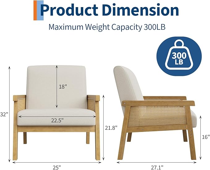 IDEALHOUSE Rattan Accent Chair Linen Armchair Upholstered Reading Chair with Wooden Frame and High Back Leisure Chairs for Living Room Bedroom Waiting Room Reception Beige