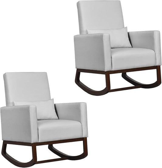 Giantex Set of 2 Rocking Chair Fabric High Back Armchair with Waist PillowWooden Tapered &amp Rocking Dual Legs Multifunctional Upholstered Accent Chair for Nursery Living Room Bedroom RockerSliv