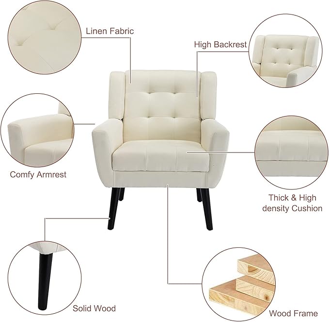 SSLine Linen Accent Arm ChairMid-Century Modern Upholstered Wingback Single Sofa Armchair Club Chair with Solid Wood Legs Thick Cushion for BedroomReadingLiving Room Chair (Beige)