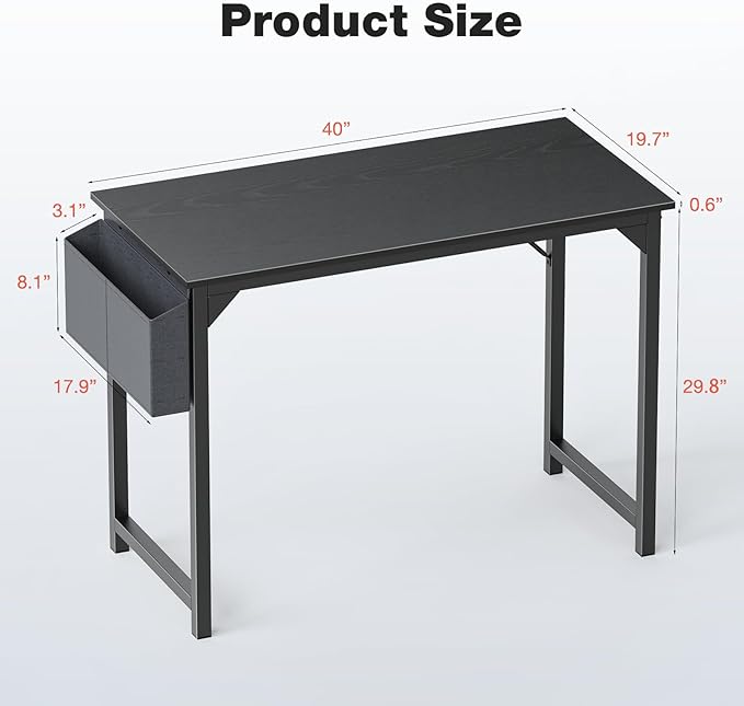Sweetcrispy Small Computer Office Desk 40 Inch Kids Student Study Writing Work with Storage Bag &amp Headphone Hooks Modern Simple Home Bedroom PC Table - Black