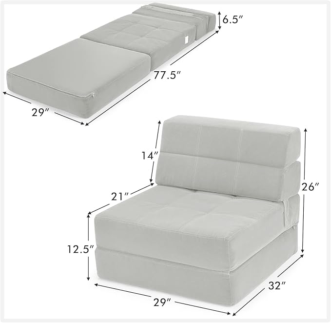 COSTWAY Triple Fold Down Sofa Bed 3-in-1 Fold Floor Couch Lounge Sleeper with Thick Cushion Flock Fabric Convertible Design Portable Single Guest Bed Mattress for Living Room Bedroom (Grey)