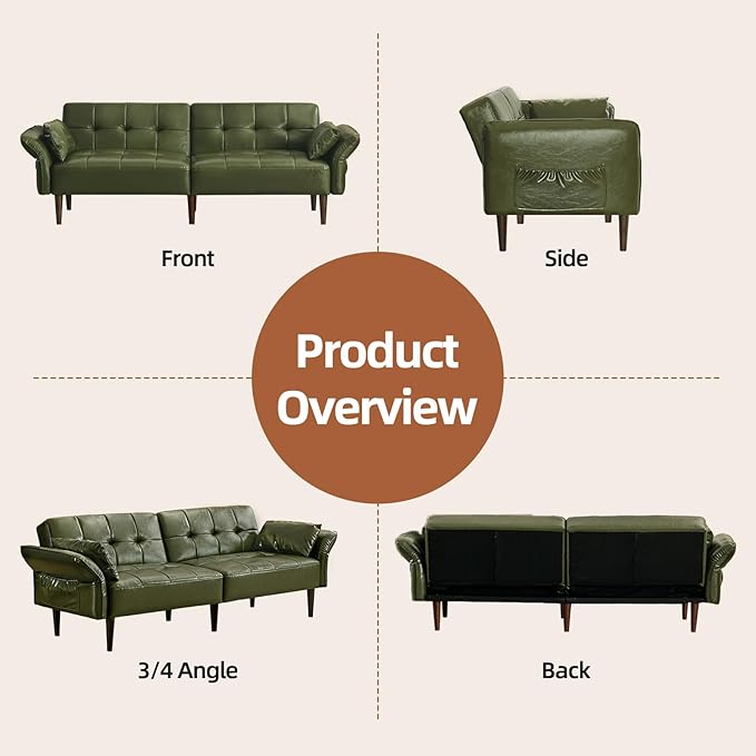 Futon Sofa Bed Sleeper Sofa Small Couch with Storage Adjustable Armrests Pillows Faux Leather Loveseat Mid Century Modern Couches for Living Room Bedroom Apartment Olive Green