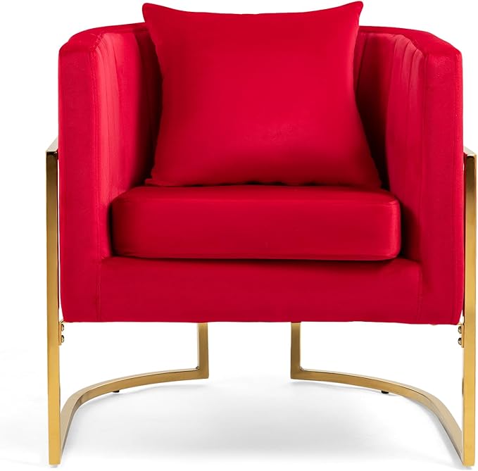 Velvet Modern Accent Chair Upholstered Barrel Armchair Mid Century with Pillow for Living Room Comfy Single Vanity Chair with Metal Gold Legs for Bedroom Rose Red