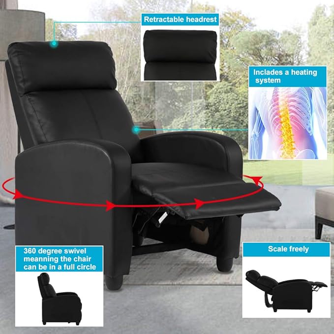Dkeli Recliner Chair for Living Room Padded Wide Seat Sofa PU Leather Reclining Chair with Footrest &amp Backrest Wingback Heavy Duty Modern Single Sofa Home Theater Seating Easy Lounge Black