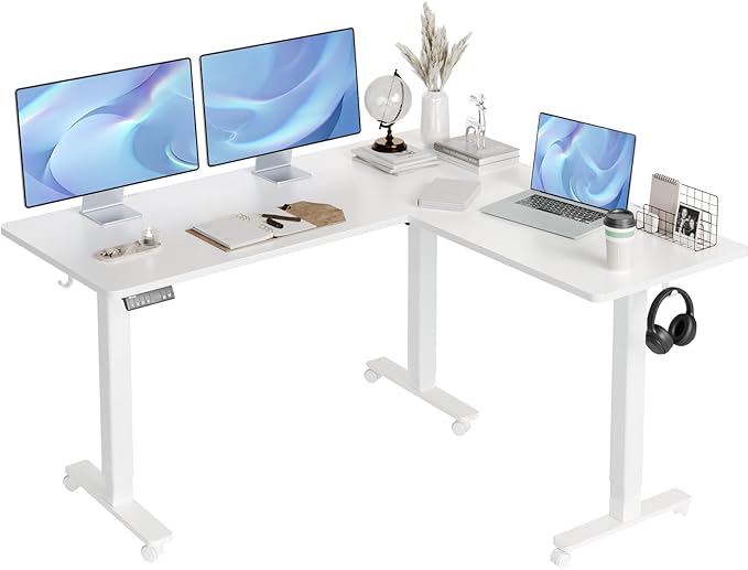 Claiks L Shaped Standing Desk Adjustable Height Dual Motor Electric Corner Standing Desk 63x55 inch Sit Stand up Desk with Splice Board White