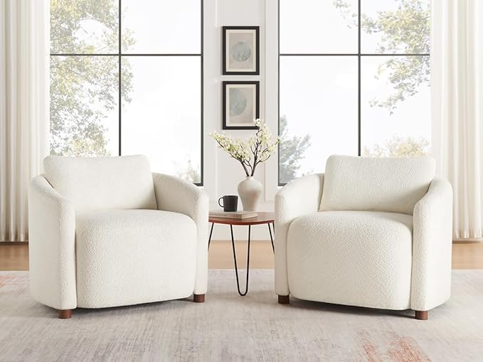 Boucle Accent Barrel Chair Set of 2 Cloud Reading Chair for Living Room &amp Bedroom Furry Sherpa Armchair with Cozy Soft Throw Pillow Back Comfy Upholstered Lounge Chair Modern Single Sofa Chair