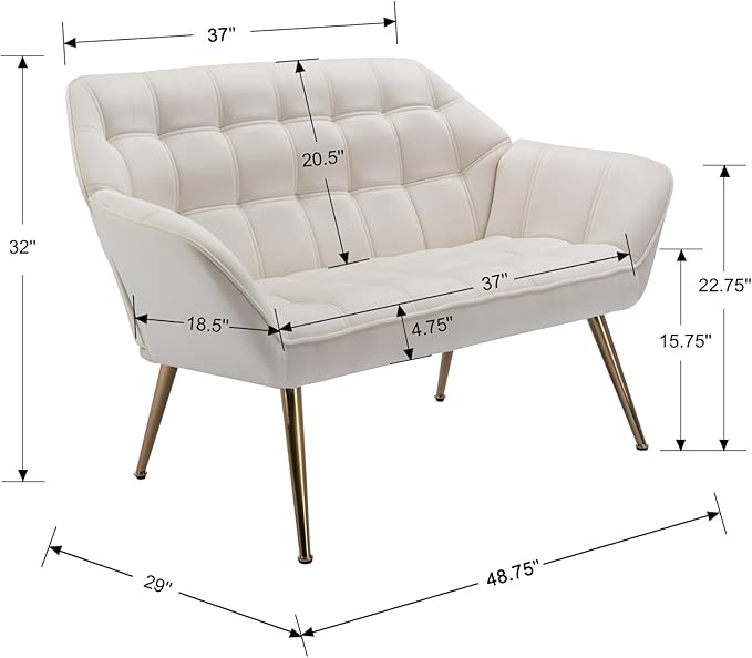 48 Small Loveseat for Small Spaces Modern Sherpa Mini Sofa Couch 2-Seater Velvet Love Seat with Quilting Back and Gold Legs for Living Room/Bedroom Cream